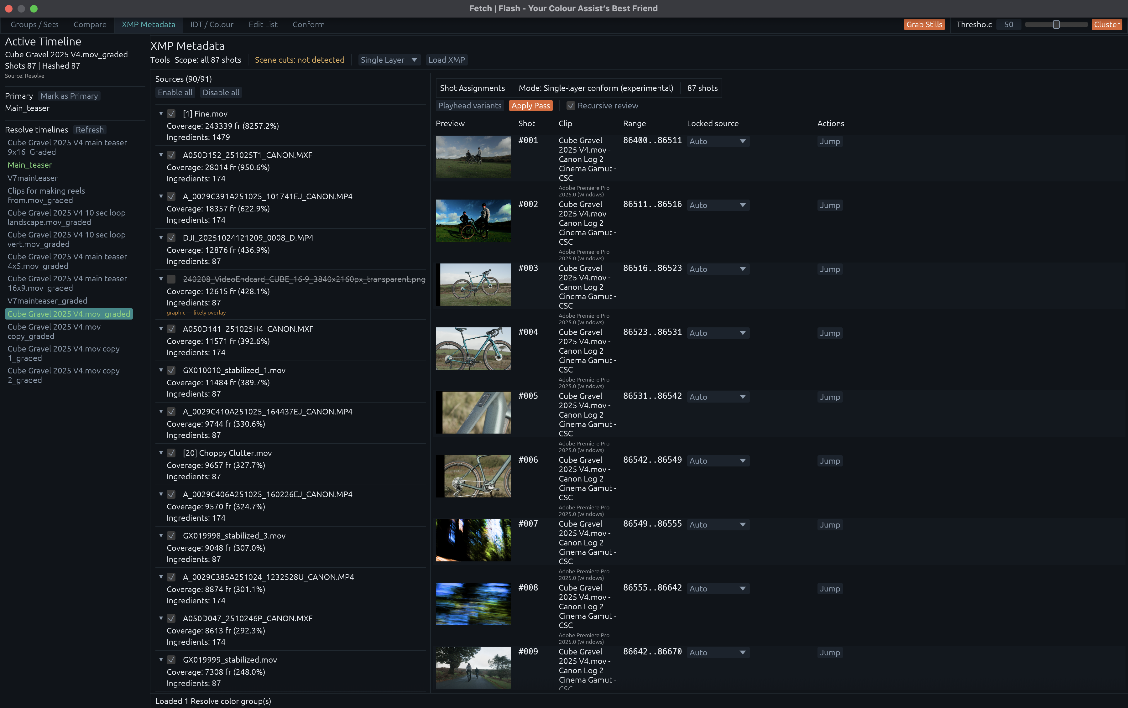 Screenshot of Flash, a shot-matching tool for colorists, showing the XMP Metadata view: a source list of media files with frame coverage and ingredient counts on the left, and a shot assignment table on the right listing each shot's thumbnail, clip name, frame range, locked source setting, and a jump-to action.